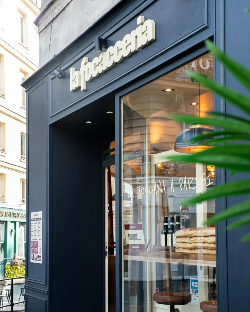 Façade du restaurant La Focacceria, spécialiste de la focaccia artisanale dans le Marais à Paris